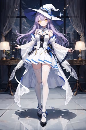 1girl, solo, illustration, purple hair, long hair, yellow eye, beautiful detailed glow eye, full body, white witch hat, white dress, frilled skirt, jewelry, best illumination, detached sleeves, thighhighs, frills,  black footwear, bare shoulder, indoor, night, smile, nice hands, perfect hands, looking at viewer, ethereal glow, vibrant colors