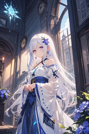 masterpiece, best quality, ultra detailed, extremely detailed, wallpaper, (Indigo eyes), (sidelocks, slicked back hair, long hair, white hair with the inside of the hair dyed a beautiful indigo color), (black halter neck, wide sleeves:1.2), (surrounding with blue flames, night, indigo flowers, mana, flow, volumetric light, fantasy environment), beautiful detailed glow, glowing light, sunlight filtering through trees, ((isekai cityscape, clock tower)), landscape, fantasy, flying flames, embers, magical, red magical line surrounding