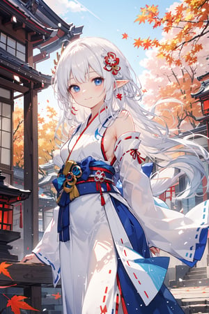 masterpiece, best quality, ultra detailed, extremely detailed, wallpaper, autumn, hair ornament, (elf ear:0.8), (sidelocks, slicked back hair, long hair, white hair with the inside of the hair dyed a beautiful indigo color), (miko, shrine maiden, wide sleeves:1.2), maple, smile, perfect fingers, fantasy, volumetric light, light_particles, dust_particles, cinematic lighthing, sunlight filtering through trees, glowing light, best illumination, dynamic angle, arm_behind_back, arm_behind_back