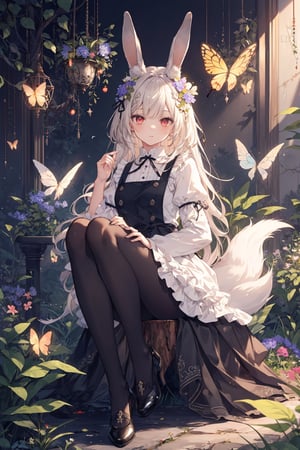 (masterpiece, best quality:1.2), (finely detailed:1.2), (extremely detailed CG unity 8k wallpaper, masterpiece, best quality, ultra-detailed, best shadow), (detailed face, detailed eyes, detailed background), (best illumination, an extremely delicate and beautiful), beautiful and detailed eye, galmorous, \ Mysterious Forest\, fantasy theme, cute and sweet theme, 1girl, solo, rabbit ears, red eyes, wearing frilled dress, pinafore, pantyhose, head dress, brown long hair, twin braid, hair ornaments, flower ornaments, sitting on stump, forest, glowing flowers and mashrooms, lantarns, butterflies, birds, foxes, Squirrels background, ink painting, Colorful Pastels, dreamlike, vivid illumination