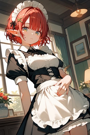 (score_9, score_8_up, score_7_up), 1girl, solo, short hair, looking at viewer, bangs, hair ornament, elf, red hair, maid, maid headress, hand on own stomach, pointy_ears