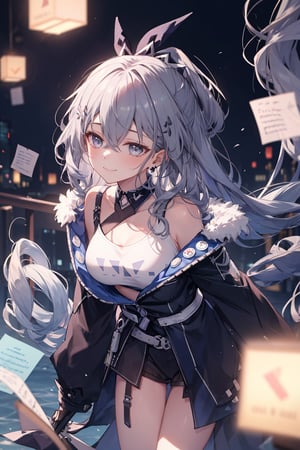 (blurry, depth of field, blurry foreground), orchestrating, symphony of slumber, floating among dreams, lullaby of the subconscious, dream orchestration scene, cowboy shot, SilverWolfV5, 1girl, solo, long hair, bangs, smile,  leaning forward, looking away, v arms