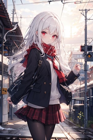 masterpiece, best quality, ultra-detailed, extremely detailed, depth of field, 1girl, solo, white hair,  long hair, red eyes, school uniform, bow, school jacket, pleated skirt, plaid skirt, pantyhose, dusk, scenery, breath, red scarf, winter, power lines, utility pole, train, enpera, train station, railroad tracks, sky