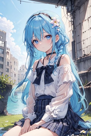 masterpiece, best quality, ultra-detailed, extremely detailed, depth of field, cowboy shot, 1girl, solo, long hair, looking at viewer, bangs, blue eyes, skirt, shirt, hair ornament, long sleeves, bow, hair between eyes, bare shoulders, sitting, very long hair, closed mouth, blue hair, white shirt, braid, flower, hairband, outdoors, frills, choker, hair flower, water, off shoulder, plaid, single braid, chain,  plaid skirt, grass, blue skirt, scenery, braided twintail, ((ruins))