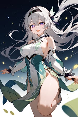 (score_9, score_8_up, score_7_up), 1girl, solo, long hair, breasts, hairband, dress, bridal gauntlets, black hairband, smile, open mouth, grey hair, looking at viewer, detached sleeves, hair between eyes, bare shoulders, thighs, purple eyes, sidelocks, ribbon, hair ribbon, floating hair, medium breasts, blue pupils, :d, multicolored eyes, pelvic curtain, bare legs, feet out of frame, sideboob, green dress, gradient eyes, white dress, hair bow,firefly \(honkai: star rail\)