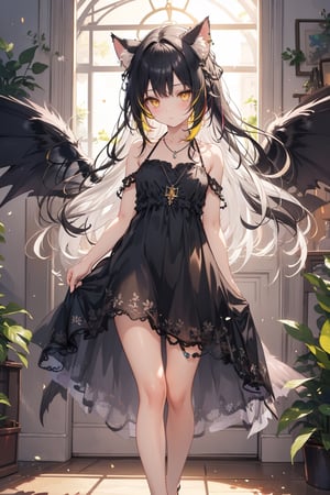 masterpiece, best quality, ultra detailed, extremely detailed, wallpaper, 1girl, solo, long hair, bangs, black hair, dress, halter_top, animal ears, jewelry, yellow eyes, white hair, multicolored hair, wings, cat ears, necklace, two-tone hair, feet out of frame, standing, fantasy