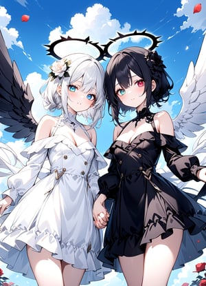 2girl, twins, white_angel with white further wing, light halo, black_angel with black further wing,dark halo, cowboy shot,cleavage,off shoulder,hair flower, off-shoulder dress, puffy long sleeves, puffy sleeves, rose petals, Heterochromatic pupil, cloud, sky,holding hands
