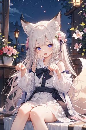 masterpiece, best quality, ultra detailed, extremely detailed, wallpaper, 1girl, solo, long hair, fox girl, fang, paw pose, animal ear fluff, open mouth, petals, night, scenery, 
