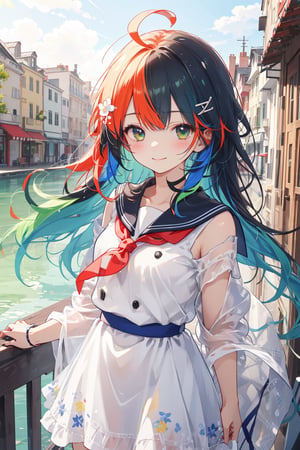 masterpiece, best quality, ultra detailed, extremely detailed, wallpaper, cowboy shot, 1girl, solo, long hair, blush, hair ornament, white hair, ahoge, blue hair, yellow hair, black hair, red hair, green hair, multicolored hair, arm open, smile, happy, cute, pattern clothing, two-tone hair, sailor dress,