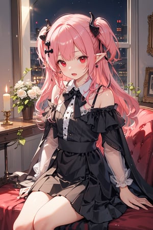 masterpiece, best quality, ultra detailed, extremely detailed, wallpaper,  1girl, cowboy shot, two side up, pink hair, red eyes, pointy ears, hair ornament, detached sleeves, detached collar, black dress, black skirt, waist cape, bowtie, sittng, indoor, room, candles, night, glow, vampire, fang, open mouth, crossed_legs_(sitting)