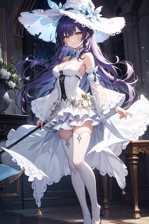 1girl, solo, illustration, purple hair, long hair, yellow eye, beautiful detailed glow eye, full body, white witch hat, white dress, frilled skirt, jewelry, best illumination, detached sleeves, thighhighs, frills, thighboots, bare shoulder, indoor, night, smile, nice hands, perfect hands, looking at viewer, ethereal glow, vibrant colors
