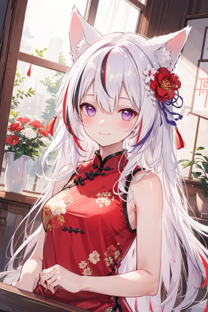 masterpiece, best quality, ultra-detailed, extremely detailed, depth of field, dutch angle, 1girl, solo, long hair, breasts, looking at viewer, blush, smile, bangs, hair ornament, dress, animal ears, bare shoulders, medium breasts, closed mouth, purple eyes, upper body, flower, white hair, red hair, multicolored hair, sleeveless, indoors, hair flower, streaked hair, animal ear fluff, fox ears, sleeveless dress, chinese clothes, floral print, red dress, red flower, china dress, extra ears