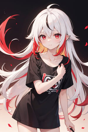 1girl, solo, looking at viewer, bangs, shirt, red eyes, hair between eyes, closed mouth, standing, collarbone, ahoge, white hair, short sleeves, sidelocks, red hair, multicolored hair, cowboy shot, two-tone hair, black shirt, gradient hair, hair flaps, 