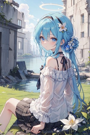 masterpiece, best quality, ultra-detailed, extremely detailed, depth of field, cowboy shot, 1girl, solo, long hair, looking at viewer, bangs, blue eyes, skirt, shirt, hair ornament, long sleeves, bow, hair between eyes, bare shoulders, sitting, very long hair, closed mouth, blue hair, white shirt, braid, flower, hairband, outdoors, frills, choker, looking back, hair flower, water, off shoulder, from behind, plaid, single braid, chain, halo, plaid skirt, grass, green skirt, scenery, braided ponytail, ((ruins))