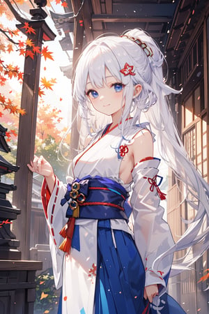 masterpiece, best quality, ultra detailed, extremely detailed, wallpaper, autumn, hair ornament, (elf ear:0.8), (sidelocks, slicked back hair, long hair, white hair with the inside of the hair dyed a beautiful indigo color), (miko, shrine maiden, wide sleeves:1.2), maple, smile, perfect fingers, fantasy, volumetric light, light_particles, dust_particles, cinematic lighthing, sunlight filtering through trees, glowing light, best illumination, dynamic angle, arm_behind_back, arm_behind_back