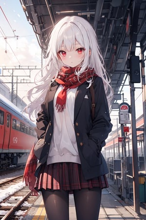 masterpiece, best quality, ultra-detailed, extremely detailed, depth of field, 1girl, solo, white hair,  long hair, red eyes, school uniform, bow, school jacket, pleated skirt, plaid skirt, sweater, pantyhose, (dusk), scenery, breath, red scarf, winter, power lines, utility pole, train, enpera, train station, railroad tracks, sky