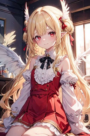  (loli:1.2),(petite:1.2),sitting,masterpiece, {highres},((ultra-detailed)),(detailed light),ray tracing,{an extremely delicate and beautiful},1girl,loli,(blonde clothes:1.2),(red clothes:1.2),white clothes,bangs,blue bat wings,detached sleeves, hair ornament, head wings, long hair, looking at viewer, pointy ears,red eyes, smile, solo,cuteloli