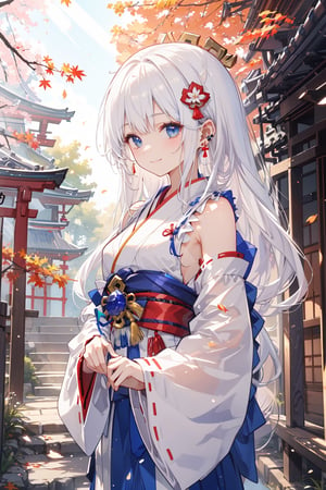 masterpiece, best quality, ultra detailed, extremely detailed, wallpaper, autumn, hair ornament, (ear:1.4), (sidelocks, slicked back hair, long hair, white hair with the inside of the hair dyed a beautiful indigo color), (miko, shrine maiden, wide sleeves:1.2), maple, smile, perfect fingers, fantasy, volumetric light, light_particles, dust_particles, cinematic lighthing, sunlight filtering through trees, glowing light, best illumination