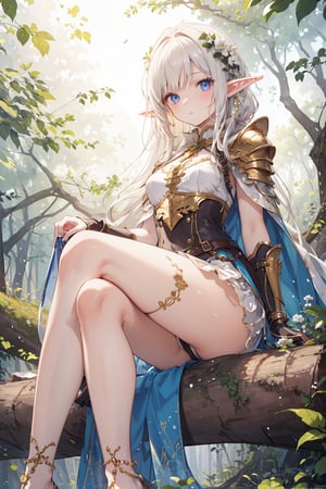 masterpiece, best quality, ultra-detailed, extremely detailed, depth of field, 1girl, solo, elf girl, cristal armor, sitting on log, from below, 