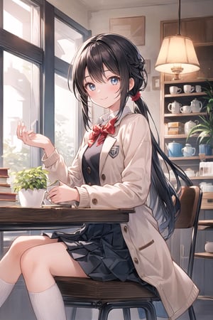  beautiful and detailed eyes, 1girl, solo, looking at viewer, sitting, school_uniform, pleated skirt, pony tail, french braid, cafeteria, coffee shop, coffee table, smile, dynamic angle, dynamic pose, lamp, plants, jacket, books, 