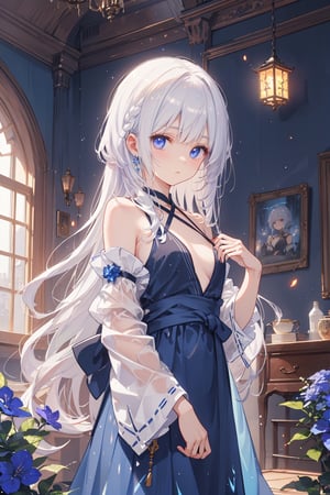 masterpiece, best quality, ultra detailed, extremely detailed, wallpaper, (Indigo eyes), (sidelocks, slicked back hair, long hair, white hair with the inside of the hair dyed a beautiful indigo color), (black halter neck, wide sleeves:1.2), (surrounding with blue flames, night, indigo flowers, mana, flow, volumetric light, fantasy environment), beautiful detailed glow, glowing light, sunlight filtering through trees, isekai cityscape, clock tower, landscape, fantasy, flying flames, embers, magical, red magical line surrounding