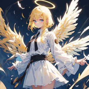 1girl, blonde bair, halo, white feather_wings, angel_wings, shirt, flying, looking_at_viewer, cowboy_shot, glowing particle,