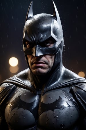 A dark and gritty close-up of Batman's face, illuminated by the rain. He is wearing his iconic cowl and mask, and his eyes are narrowed in determination. The rain is running down his face, and his lips are set in a grim line. The background is dark and out of focus, with a few blurry city lights. The image is rendered in a hyperrealistic style, with incredible detail and realism.

