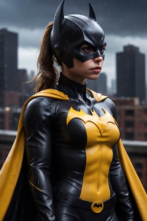 A low-angle shot of Batgirl standing on a rooftop, looking out over a dark and rainy city. She is wearing her black and yellow costume, and her hair is pulled back in a ponytail. The rain is coming down hard, and the wind is blowing her cape around her. The city is dark and full of shadows below her. The image is rendered in a hyperrealistic style, with incredible detail and realism.

