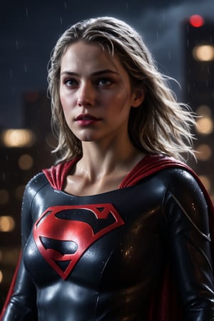 A cinematic portrait of Supergirl standing in the rain, at night. She is wearing a black and silver costume with a red cape. The rain is coming down hard, and the wind is blowing her hair around her face. The city is dark and gloomy in the background. The lighting is dark and moody, with a few bright highlights from the city lights. The image is rendered in a hyperrealistic style, with incredible detail and realism.

