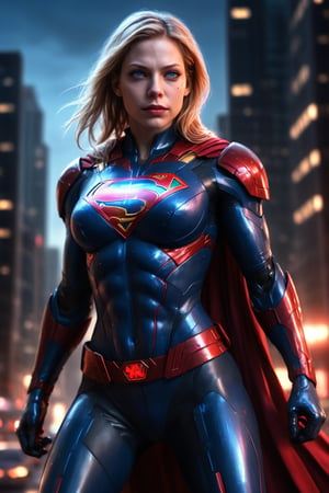 A detailed, realistic digital painting of Cyborg Supergirl in the style of Zack Snyder. She is flying through Metropolis at night, the only light coming from the city below, her cybernetic eyes, and her heat vision. Supergirl's suit is blue and red, and she has cybernetic parts, and she is wearing a cape. The image is post-processed with color grading, film grain, rain effects, lightning effects, and heat vision effects.

