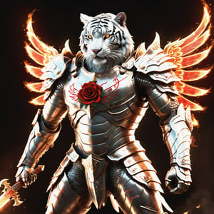Realistic
Description of a very muscular and highly detailed [male WHITE HUMAN TIGER with WHITE wings], dressed in full body armor filled with red roses with ELECTRIC RAYS all over his body, bright electricity running through his body, (full armor with letter H) , letter medallion. H, metal gloves with long, sharp blades, swords on the arms. , (metal sword with transparent fire blade). in right hand, full body, hdr, 8k, subsurface scattering, specular light, high resolution, octane rendering, (full armor with letter H etched on armor), back of field, ANGEL WINGS, (ANGEL WINGS) , transparent fire sword, golden field background with red ROSES, fire whip in his left hand, fire element, armor that protects the entire body, (male HUMAN TIGER) fire element, fire sword, golden armor, tiger face ,(full armor with letter H engraved on the armor),fire element,composed of fire elements,onarmor