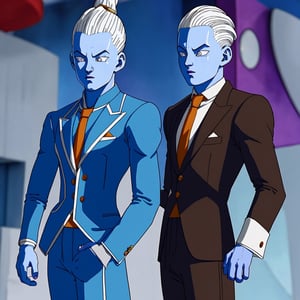 WHIS character in a man from Dragon Ball wearing a tuxedo, suit with tie, very elegant dress jacket with tie, WHIS in a man, blue skin, abundant white hair standing upright hair style with spikes,edgCJ