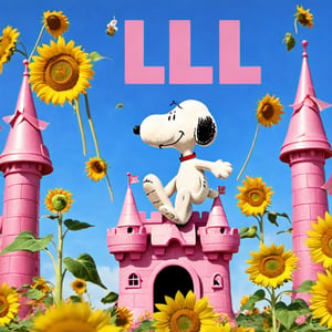 
SNOOPY PLAYING IN A PINK CASTLE FULL OF SUNFLOWERS, flags with the letter L