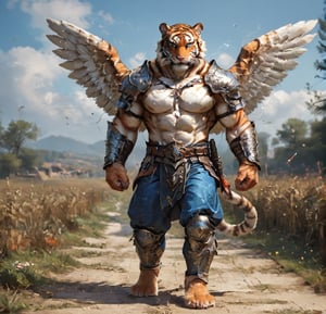 realistic
 of a very muscular and highly detailed (((male white human tiger with wings))) wearing finely detailed armor with armored plates, electricity running through his body, full body armor, medallion with the letter H, metal gloves with blades, swords in arms, solid metal sword in right hand, full body, hdr, 8k, subsurface scattering, specular light, high resolution, octane rendering, field background, 
white human tiger face