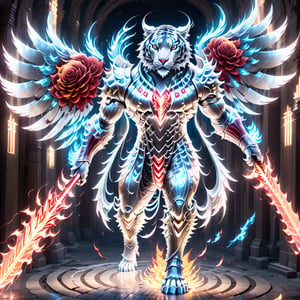 Realistic
Description of a very muscular and highly detailed [WHITE HUMAN TIGER with WHITE wings], dressed in detailed full body armor filled with red roses with armored plates all over the body, bright electricity running through its body, full armor, medallion with the letter H, metal gloves with long sharp blades, swords on the arms. , (metal sword with transparent fire blade). in right hand, full body, hdr, 8k, subsurface scattering, specular light, high resolution, octane rendering, field background, ANGEL WINGS,(ANGEL WINGS), transparent fire sword, golden field background with ROSES red, fire whip in his left hand, fire element, armor that protects the entire body,(HUMAN TIGER)fire element,sword fire,golden armor,face tiger,more detail XL,