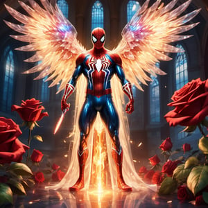 Realistic
Description of a very muscular and highly detailed [WHITE SPIDERMAN with WHITE wings], dressed in full body armor filled with red roses with ELECTRIC LIGHTS all over his body, bright electricity running through his body, full armor, letter medallion. H, H letters all over uniform, H letters all over armor, metal gloves with long sharp blades, swords on arms. , (metal sword with transparent fire blade).holding it in the right hand, full body, hdr, 8k, subsurface scattering, specular light, high resolution, octane rendering, field background, ANGEL WINGS,(ANGEL WINGS ), transparent fire sword, golden field background with red ROSES, fire whip held in his left hand, fire element, armor that protects the entire body, (SPIDERMAN) fire element, fire sword, golden armor, medallion with the letter H on the chest, SPIDERMAN, open field background with red roses, red roses on the suit, letter H on the suit,heart_areola