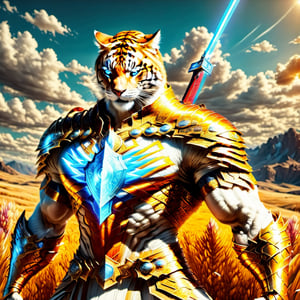 Realistic
FULL BODY IMAGE, Description of a [super MUSCULAR white HUMAN TIGER WARRIOR with TIGER head] muscular arms, very muscular and very detailed, LEFT ARM WITH HEAVY BRACELET REINFORCED with solid shield, right hand holding a FIRE SWORD, dressed in a illuminated golden armor medallion, one letter H medallion, hdr, 8k, subsurface scattering, specular lighting, high resolution, octane rendering, ILLUMINATED GOLDEN WHEAT BACKGROUND IN OPEN FIELD, FULL BODY IMAGE, tiger head, super muscular legs, more details XL, white skin, HYPER MUSCLE, FULL BODY IMAGE, VERY MUSCLE, VERY STRONG, HE HOLDS SWORD IN HIS RIGHT HAND AND SWORD IN HIS LEFT HAND AND HIS LEGS ARE VERY MUSCLE