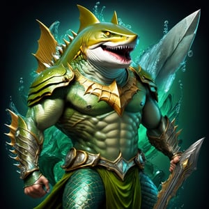 Realistic
FULL BODY IMAGE, Description of a [WINGED HUMAN SHARK WARRIOR with SHARK head] muscular, very muscular and highly detailed arms, LEFT ARM WITH REINFORCED HEAVY BRACELET with solid shield, right hand holding a golden trident, dressed in illuminated GREEN armor , full body of GREEN scales, a medallion of the letter A, hdr, 8k, subsurface scattering, specular lighting, high resolution, octane rendering, bottom of a large SEA, OCEAN of money, bottom of OCEAN WATER, hypermuscle, IMAGE FULL BODY, shark head, shark face, SHARK FACE, trident in his hand