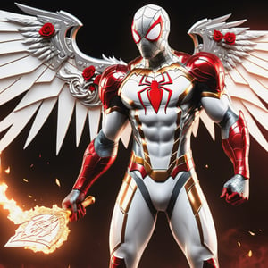 Realistic
[WHITE SPIDERMAN with WHITE wings] muscular arms, very muscular, dressed in full body armor full of red roses with all over his body, bright electricity running through his body, full armor, letter medallion. H, H letters all over uniform, H letters all over armor, metal gloves with long sharp blades, swords on arms. , (metal sword with transparent fire blade).holding it in the right hand, full body, hdr, 8k, subsurface scattering, specular light, high resolution, octane rendering, field background, ANGEL WINGS,(ANGEL WINGS ), transparent fire sword, golden field background with red ROSES, fire whip held in his left hand, fire element, armor that protects the entire body, (WHITE SPIDERMAN) fire element, fire sword, golden armor, medallion with the letter H on the chest, field background with red roses, red roses on the suit, letter H on the suit, muscular arms