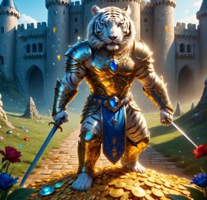 REALISTIC
It is daytime and we see the full length image of a tall muscular white human tiger warrior with armor and blue sword standing on gold coins and on jewels, emeralds, rubies, sapphires, diamonds, in front of him a golden path full of treasure chests and jewels and behind him a beautiful and fantastic castle, background of a beautiful castle with flags with the letter H, in his left hand a bag full of gold, the strong lighting of the bright sun makes the gold shine in the ground, the castle in the background looks fantastic and is full of flags with the letter H.letter H everywhere, sword in his right hand