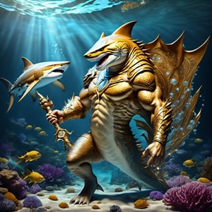 Realistic
FULL BODY IMAGE, Description of a [WINGED HUMAN SHARK WARRIOR with SHARK head] muscular arms, very muscular and very detailed, LEFT ARM WITH REINFORCED HEAVY BRACELET with solid shield, right hand holding a golden trident, dressed in gold armor illuminated, full body of black scales, a medallion of the letter A, hdr, 8k, subsurface scattering, specular lighting, high resolution, octane rendering, bottom of a large SEA, OCEAN of money, bottom of OCEAN WATER, hypermuscle, FULL BODY IMAGE, shark head, shark face, SHARK FACE, trident in his hand