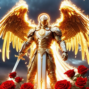 Realistic
Description of a [WHITE WARRIOR Henry with WHITE wings] muscular arms, very muscular and very detailed, dressed in a full body golden armor filled with red roses with ELECTRIC LIGHTS all over his body, bright electricity running through his body, golden and white armor complete, letter medallion. H, H letters all over uniform, H letters all over armor, red metal gloves with long sharp blades, swords on arms. , (metal sword with transparent fire blade), full body, hdr, 8k, subsurface scattering, specular light, high resolution, octane rendering, field background,4 WINGS OF ANGEL,(4 WINGS OF ANGEL), sword of transparent fire, golden field background with red ROSES, fire whip held in his left hand, fire element, armor that protects the entire body, fire element, medallion with the letter H on the chest, WHITE Henry, open field background with red roses, red roses on the suit, letter H on the suit, muscular arms, background Golden rain, (rain money) fire sword H, shield H, letter H pendant, letter H medallion on the uniform, hypermuscle, cat, blessing of almighty GOD and JESUS ​​and THE HOLY SPIRIT