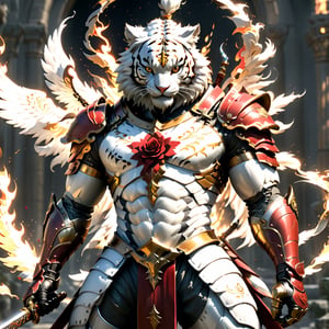 Realistic
[A WHITE HUMAN TIGER knight in golden armor], muscular arms, very muscular, dressed in golden full armor filled with red roses, Medallion with the letter H, (((metal gloves with long sharp blades, swords on the arms) )), (metal sword with transparent fire blade).holding it in the right hand, full body, hdr, 8k, subsurface scattering, specular light, high resolution, octane rendering, ANGELS background,(((ANGELS PROTECTING THE HUMAN TIGER))), transparent fire sword, fire whip held in his left hand, (((BACKGROUND FULL OF ANGELS WITH WHITE WINGS PROTECTING THE HUMAN TIGER))),AngelicStyle