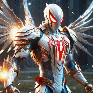 Realistic
Description of a very muscular and highly detailed [WHITE SPIDERMAN with WHITE wings], dressed in full body armor filled with red roses with ELECTRIC LIGHTS all over his body, bright electricity running through his body, full armor, letter medallion. H, H letters all over uniform, H letters all over armor, metal gloves with long sharp blades, swords on arms. , (metal sword with transparent fire blade).holding it in the right hand, full body, hdr, 8k, subsurface scattering, specular light, high resolution, octane rendering, field background, ANGEL WINGS,(ANGEL WINGS ), transparent fire sword, golden field background with red ROSES, fire whip held in his left hand, fire element, armor that protects the entire body, (SPIDERMAN) fire element, fire sword, golden armor, medallion with letter H on his chest,more detail XL,cyborg style,salttech,flower4rmor,hdsrmr,DonMPl4sm4T3chXL 