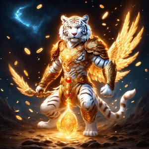 Realistic
FULL BODY IMAGE, Description of a [WHITE HUMAN TIGER WARRIOR WITH WHITE WINGS] muscular arms, very muscular and very detailed, LEFT ARM WITH HEAVY REINFORCED BRACELET with solid shield, right hand holding a transparent fire sword, dressed in golden armor full body full of red roses, helmet on head, glowing blue electricity running through his body, golden armor and completely white letter H medallion on chest, hdr, 8k, subsurface dispersion, specular light, high resolution, octane rendering , large money field background, GOLDEN WHEAT and red ROSES field background, medallion with the letter H on the chest, background Rain of gold coins and dollar bills, (GOOD LUCK) fire sword H, shield H , letter H pendant, letter H medallion on uniform, hypermuscle, H on chest, FULL BODY IMAGE, super strong legs with armor with gold details,Leonardo style ,Spirit Fox Pendant,phoenix pendant,Holy Dragon Pendant
