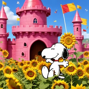 
SNOOPY PLAYING IN A PINK CASTLE FULL OF SUNFLOWERS, flags with the letter L