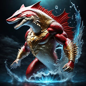 Realistic
FULL BODY IMAGE, Description of a [WINGED HUMAN SHARK WARRIOR with SHARK head] muscular arms, very muscular and highly detailed, LEFT ARM WITH REINFORCED HEAVY BRACELET with solid shield, right hand holding a golden trident, dressed in illuminated red armor , full body of black scales, a medallion of the letter A, hdr, 8k, subsurface scattering, specular lighting, high resolution, octane rendering, bottom of a large SEA, OCEAN of money, bottom of OCEAN WATER, hypermuscle, IMAGE FULL BODY, shark head, shark face, SHARK FACE, trident in his hand,shards