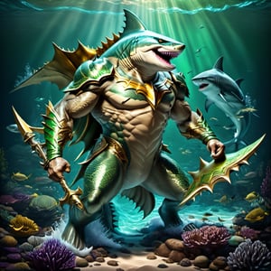 Realistic
FULL BODY IMAGE, Description of a [WINGED HUMAN SHARK WARRIOR with SHARK head] muscular, very muscular and highly detailed arms, LEFT ARM WITH HEAVY REINFORCED BRACELET with solid shield, right hand holding a golden trident, dressed in illuminated GREEN armor , full body of black scales, a medallion of the letter A, hdr, 8k, subsurface scattering, specular lighting, high resolution, octane rendering, bottom of a large SEA, OCEAN of money, bottom of OCEAN WATER, hypermuscle, IMAGE FULL BODY, shark head, shark face, SHARK FACE, trident in his hand,more detail XL