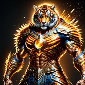 Realistic
FULL BODY IMAGE, Description of a [super MUSCLE HUMAN TIGER WARRIOR with TIGER head] muscular arms, very muscular and very detailed, LEFT ARM WITH REINFORCED HEAVY BRACELET with solid shield, right hand holding a FIRE SWORD, dressed in armor illuminated gold medallion, a letter H medallion, hdr, 8k, subsurface scattering, specular lighting, high resolution, octane rendering, ILLUMINATED GOLDEN WHEAT BACKGROUND IN OPEN FIELD, FULL BODY IMAGE, tiger head, super muscular legs,more detail XL