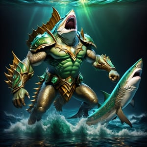 Realistic
FULL BODY IMAGE, Description of a [WINGED HUMAN SHARK WARRIOR with SHARK head] muscular, very muscular and highly detailed arms, LEFT ARM WITH HEAVY REINFORCED BRACELET with solid shield, right hand holding a golden trident, dressed in illuminated GREEN armor , full body of GREEN scales, a medallion of the letter A, hdr, 8k, subsurface scattering, specular lighting, high resolution, octane rendering, bottom of a large SEA, OCEAN of money, bottom of OCEAN WATER, hypermuscle, IMAGE FULL BODY, shark head, shark face, SHARK FACE